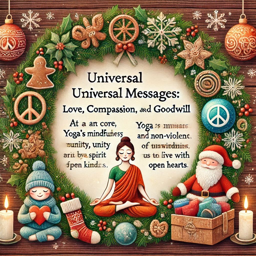 Universal Messages: Love, Compassion, and Goodwill At their core, yoga and Christmas share universal messages of love and compassion. Yoga’s emphasis on mindfulness, unity, and non-violence echoes the spirit of goodwill celebrated during Christmas. Whether through acts of kindness or by fostering a sense of connection with others, both encourage us to live with open hearts.