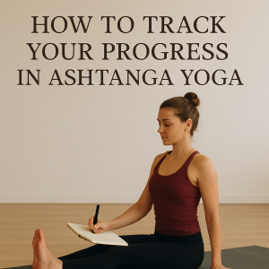 A woman practicing Ashtanga Yoga seated in Dandasana on a yoga mat while writing in a journal, with the title ‘How to Track Your Progress in Ashtanga Yoga’ displayed above her in a calm, minimalist studio.