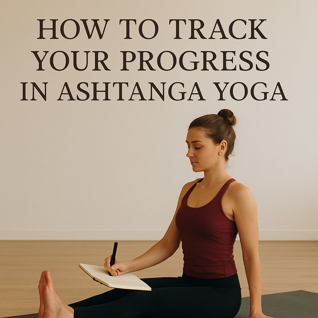 A woman practicing Ashtanga Yoga seated in Dandasana on a yoga mat while writing in a journal, with the title ‘How to Track Your Progress in Ashtanga Yoga’ displayed above her in a calm, minimalist studio.