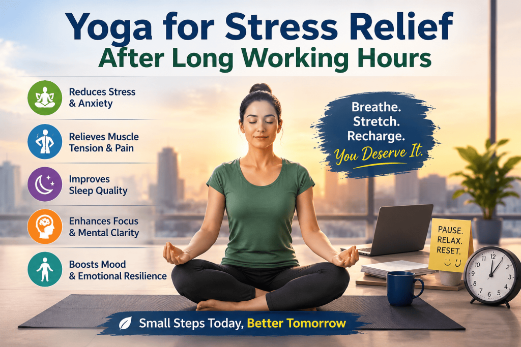 Yoga for Stress Relief After Long Working Hours, yoga for stress relief stress management through yoga yoga after office work yoga for working professionals evening yoga routine yoga for mental health yoga for anxiety relief yoga for better sleep workplace stress relief desk job stress relief yoga class in Kolkata yoga class in Kankurgachi yoga class near Manicktala yoga class near Ultadanga yoga class near you yoga studio in Kolkata certified yoga teacher experienced yoga teacher Yoga With Sandy yoga classes for beginners relaxation yoga poses breathing exercises for stress corporate wellness yoga yoga for office workers mindfulness and yoga